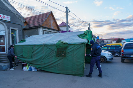 February 26, 2022 Otachi Moldova. The Moldovan side of the border accepts refugees from Ukraine at customs. For editorial useのeditorial素材