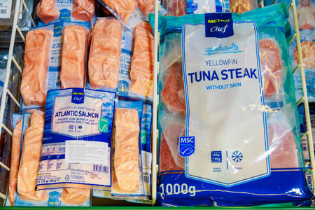 Frozen salmon and tuna fillet on the store shelf. Illustrative editorial. May 12, 2022 Balti Moldovaのeditorial素材