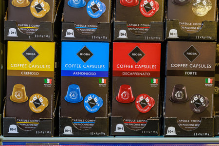 Coffee drinks on the store shelf. Illustrative editorial. May 12, 2022 Balti Moldovaのeditorial素材