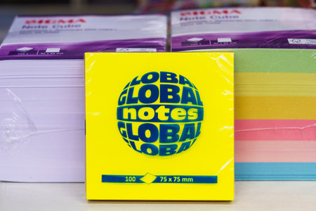 Stickers on the store shelf. Illustrative editorial. February 2, 2022 Balti Moldovaのeditorial素材