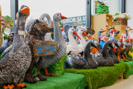 Decorative plaster figurines for the garden and backyard. Illustrative editorial. April 13, 2022 Balti Moldovaのeditorial素材