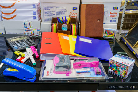 Office supplies on a glass table. Illustrative editorial. February 2, 2022 Balti Moldovaのeditorial素材