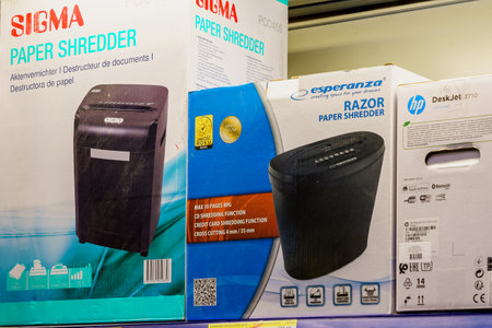 Shredders for the office on the store shelf. Illustrative editorial. February 2, 2022 Balti Moldova