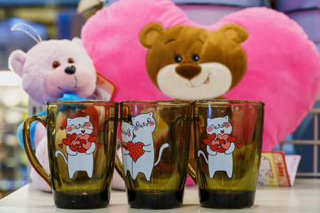 Cute mugs for nice gifts on February 14th. Illustrative editorial. February 10, 2022 Balti Moldovaのeditorial素材