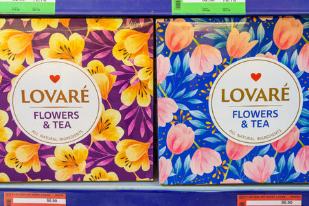 Natural herbal tea in boxes on the store shelf. Illustrative editorial. February 10, 2022 Balti...