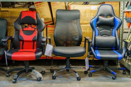 Office chairs on a store shelf. Illustrative editorial. February 2, 2022 Balti Moldovaのeditorial素材