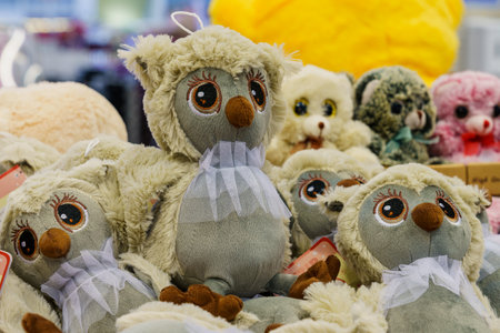 Owl soft toys with selective focus. Illustrative editorial. February 10, 2022 Balti Moldovaのeditorial素材