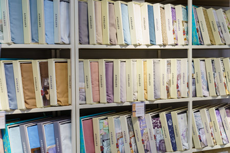 Bed linen on store shelves. Illustrative editorial. March 21, 2022 Balti Moldovaのeditorial素材