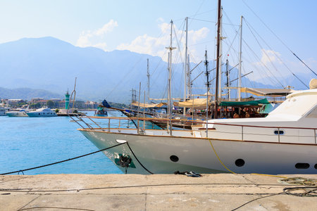 Sea port . Background with copy space. August 9, 2022 Kemer, Antalya province, Turkey.のeditorial素材