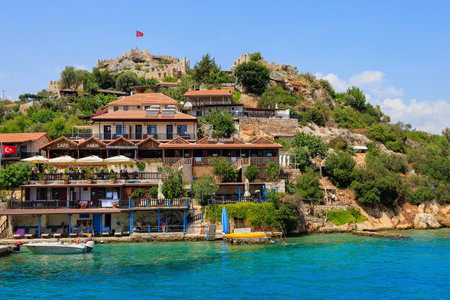 Rocky Turkish coast, a popular tourist route to the island of Kekova. August 10, 2022 Demre Turkey.のeditorial素材