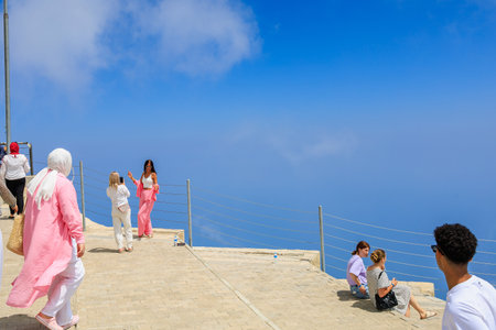 Tourists on the top of Mount Tahtali in the Western Taurus mountain system. Illustrative editorial. August 9, 2022 mountain near Kemer, Antalya province, Turkeyのeditorial素材
