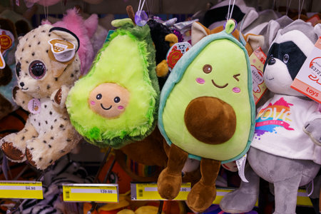 Cute soft toys with selective focus on the store shelf. Illustrative editorial. February 24, 2022 Balti Moldovaのeditorial素材