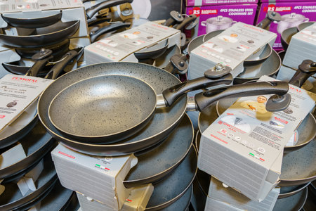 Frying pans on a supermarket shelf or showcase. Illustrative editorial. March 18, 2022 Beltsy Moldovaのeditorial素材