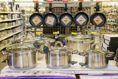 Pans on the shelf or showcase of the supermarket. Illustrative editorial. March 18, 2022 Beltsy Moldovaのeditorial素材
