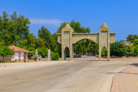 Turkish city gate in classical Islamic architecture style. Background with copy space for text....