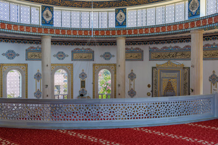 Interior in the mosque HUZUR. City landmark open to tourists. Classic Islamic background. August 9, 2022 Kemer, Antalya province, Turkey.のeditorial素材