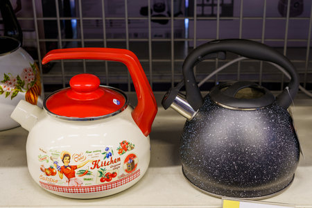 Kettles for a gas stove on a supermarket shelf or showcase. Illustrative editorial. March 18, 2022 Beltsy Moldovaのeditorial素材