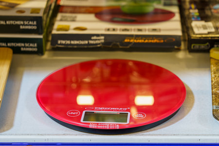 Household kitchen scales on a supermarket shelf or showcase. Illustrative editorial. March 18, 2022 Beltsy Moldovaのeditorial素材