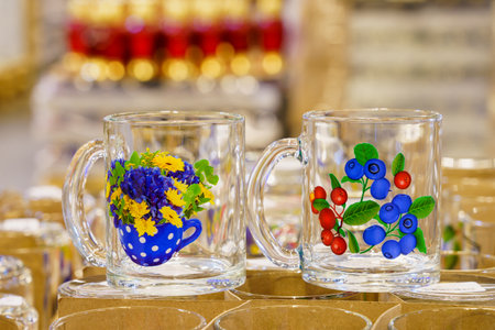 Glass mugs in the glassware section. Goods on the store shelf, supermarket showcase. April 14, 2022...