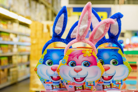 A mix of sweets in a package in the form of a hare's muzzle. Goods on the store shelf, supermarket showcase. April 14, 2022 Beltsy Moldova.のeditorial素材