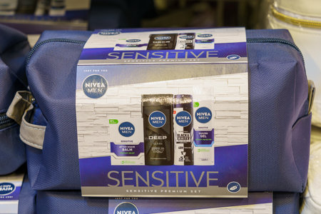 Nivea gift set for men on the store shelf. Illustrative editorial. February 24, 2022 Balti Moldovaのeditorial素材