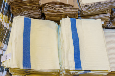 Small kitchen towels. Goods on the store shelf, supermarket showcase. April 14, 2022 Beltsy Moldova.