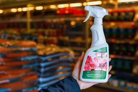 Spray with fertilizer for an orchid in the hands of a customer in a supermarket. February 17, 2022 Beltsy Moldova.のeditorial素材