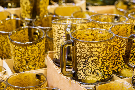 Cups with selective focus. Goods on the store shelf, supermarket showcase. April 14, 2022 Beltsy Moldova.のeditorial素材