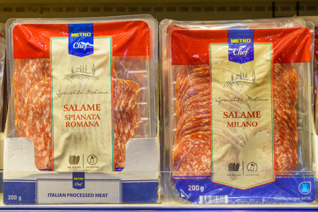 Sausage cuts in vacuum packing. Goods on the store shelf, supermarket showcase. April 14, 2022...