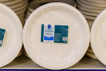 Disposable eco-friendly plates on the store shelf. April 30, 2022 Beltsy Moldova.
