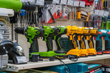 Power tools. Goods in a building materials store. June 24, 2022 Beltsy Moldova.のeditorial素材