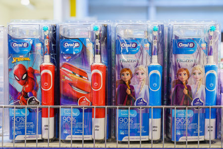 Electric toothbrushes on the store shelf. April 7, 2022 Beltsy Moldova.のeditorial素材
