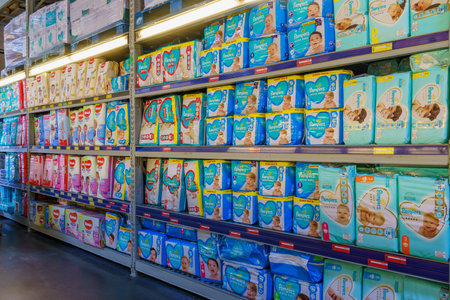 Pampers diapers on the store shelf in the personal care department. April 7, 2022 Beltsy Moldova.のeditorial素材