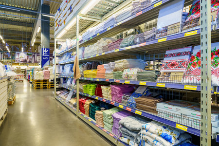 Tablecloths and textiles on the store shelf. January 26, 2022 Beltsy Moldova.のeditorial素材