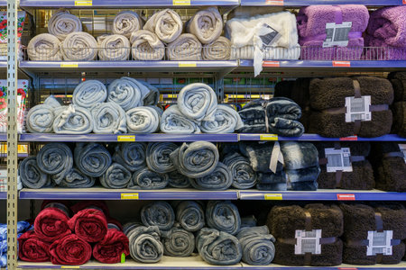 Plaids and bedspreads for the home on the store shelf. January 26, 2022 Beltsy Moldova.のeditorial素材