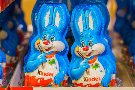 Chocolate bunnies sweets for Easter holidays. Goods on the store shelf, supermarket showcase. April 14, 2022 Beltsy Moldova.のeditorial素材