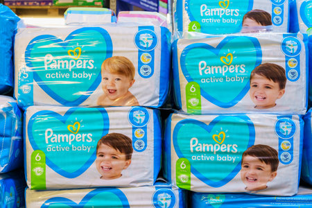 Pampers diapers on the store shelf in the personal care department. April 7, 2022 Beltsy Moldova.