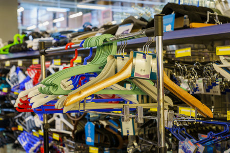 Clothes hangers on the store shelf. April 7, 2022 Beltsy Moldova.のeditorial素材