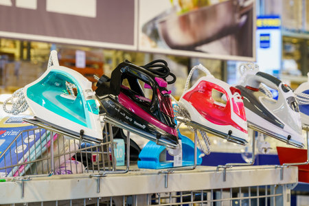 Irons on the store shelf. April 7, 2022 Beltsy Moldova.のeditorial素材