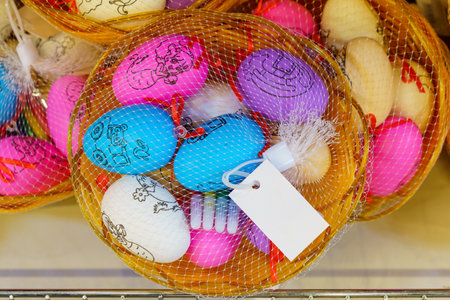 Decorative eggs for Easter. Goods on the store shelf, supermarket showcase. April 14, 2022 Beltsy Moldova.のeditorial素材