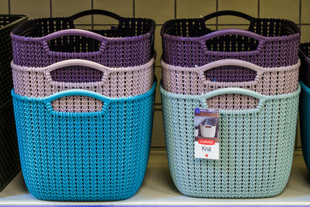 Baskets for laundry and clothes on the store shelf. January 26, 2022 Beltsy Moldova.のeditorial素材