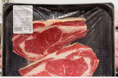 Beef steak for barbecue on the store shelf. April 30, 2022 Beltsy Moldova.のeditorial素材