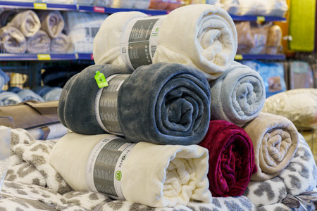 Plaids and bedspreads for the home on the store shelf. January 26, 2022 Beltsy Moldova.のeditorial素材