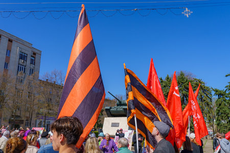 April 15, 2022 Balti Moldova, Protest against the ban on the St. George ribbon. USSR Victory Flags....