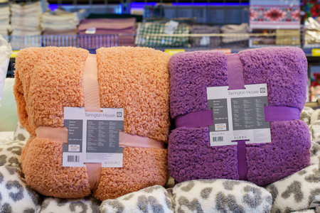 Plaids and bedspreads for the home on the store shelf. January 26, 2022 Beltsy Moldova.のeditorial素材