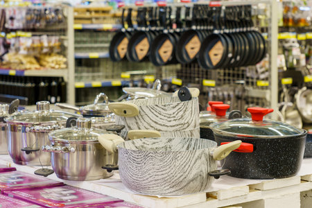 Pots on the store shelf. January 26, 2022 Beltsy Moldova.のeditorial素材