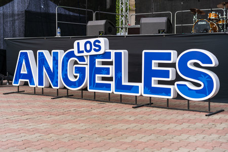Street sign Los Angeles, Days of America 2022. Public stage at the celebration. For editorial use.September 24, 2022 Balti Moldova.のeditorial素材
