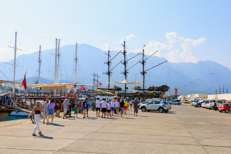 Sea port . Background with copy space. August 9, 2022 Kemer, Antalya province, Turkey.のeditorial素材