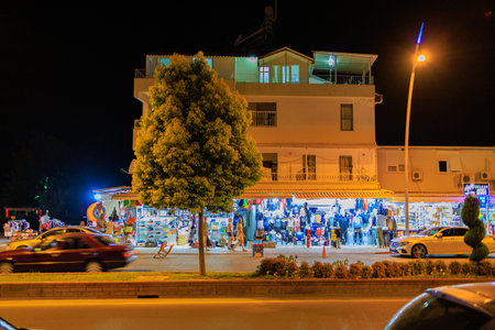 August 11, 2022 Beldibi, Kemer district, Antalya Province, Turkey. Night view of the tourist resort Turkish village.のeditorial素材