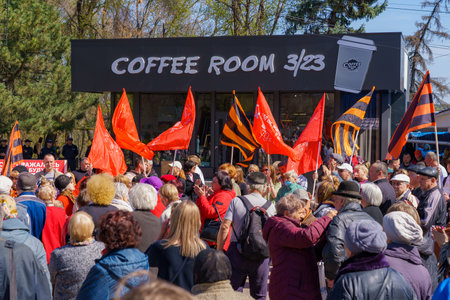 April 15, 2022 Balti Moldova, Protest against the ban on the St. George ribbon. USSR Victory Flags....